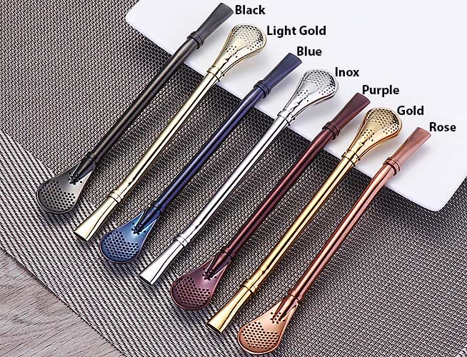 Muỗng cafe kèm ống hút inox 304 mạ vàng Bishda BD007.