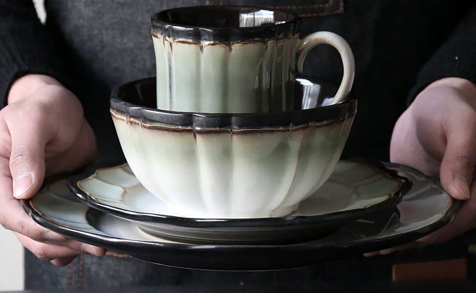 Bộ tô dĩa ly gốm porcelain handmade OMK GT008 cho nhà hàng quán ăn.