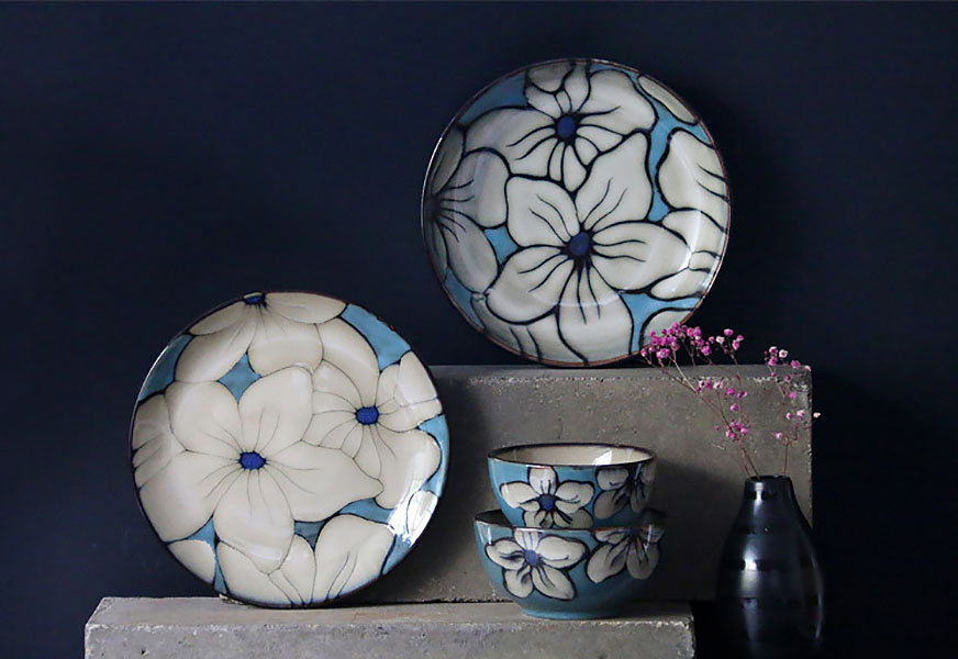 Bộ dĩa tô chén gốm porcelain handmade OMK GCBH họa tiết vẽ tay.