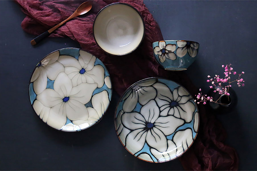 Bộ dĩa tô chén gốm porcelain handmade OMK GCBH họa tiết vẽ tay.