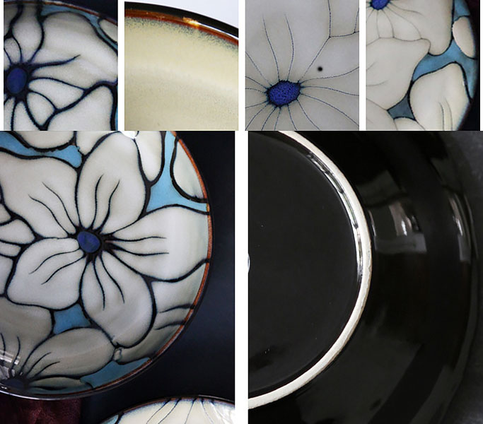 Bộ dĩa tô chén gốm porcelain handmade OMK GCBH họa tiết vẽ tay.
