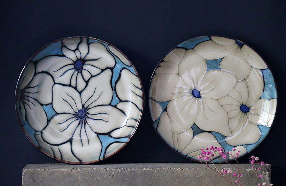 Bộ dĩa tô chén gốm porcelain handmade OMK GCBH họa tiết vẽ tay.