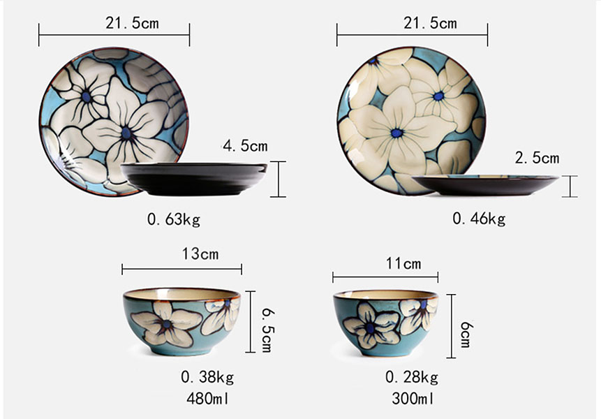 Bộ dĩa tô chén gốm porcelain handmade OMK GCBH họa tiết vẽ tay.