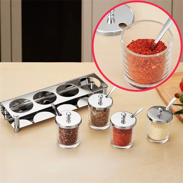Bộ đựng gia vị inox 304 hũ thủy tinh 2-4 ngăn OEM KO3855