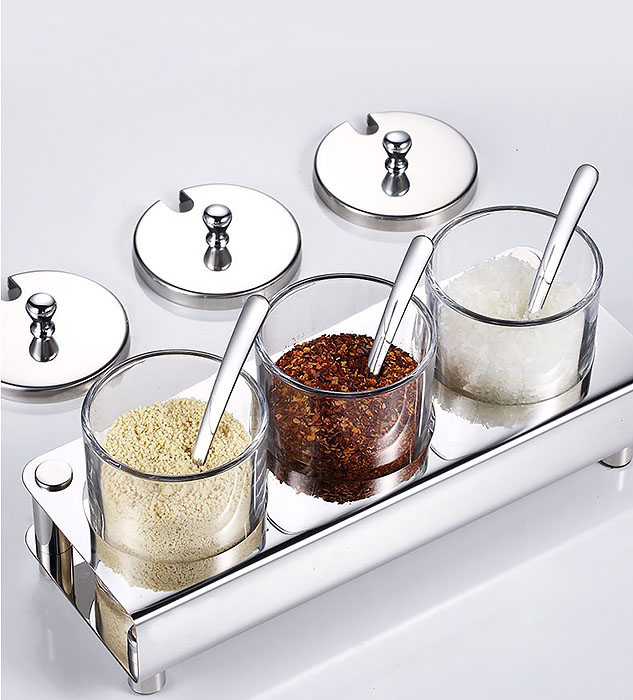 Bộ đựng gia vị inox 304 hũ thủy tinh 2-4 ngăn OEM KO3855