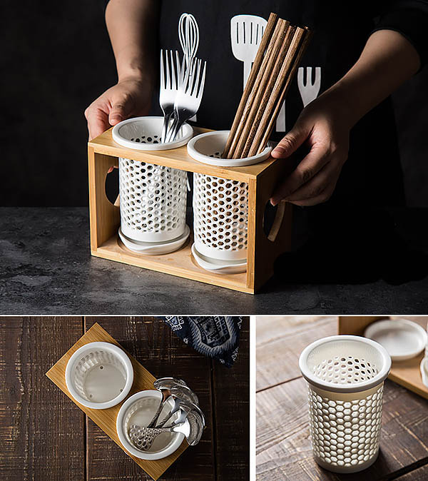 Khay đựng muỗng đũa muỗng để bàn bằng sứ khung gỗ tre 1-3 ngăn DMD01