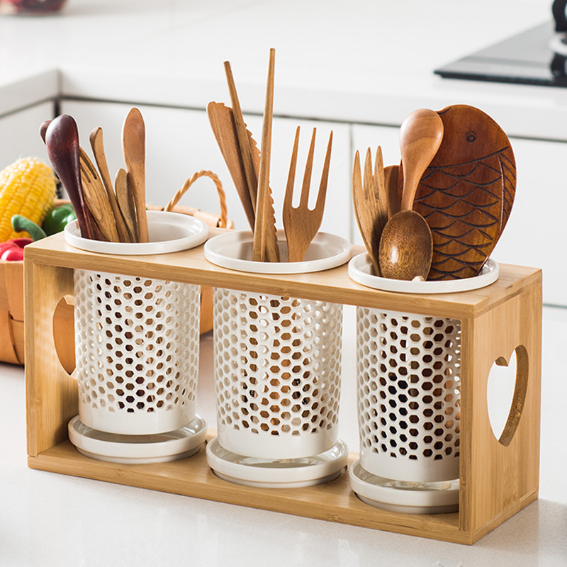 Khay đựng muỗng đũa muỗng để bàn bằng sứ khung gỗ tre 1-3 ngăn DMD01