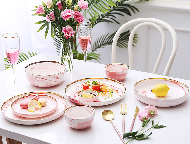 Bộ tô chén dĩa sứ porcelain Yiran YR001 vân ngọc viền vàng.