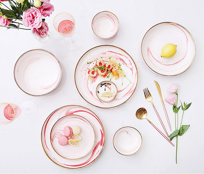 Bộ tô chén dĩa sứ porcelain Yiran YR001 vân ngọc viền vàng.