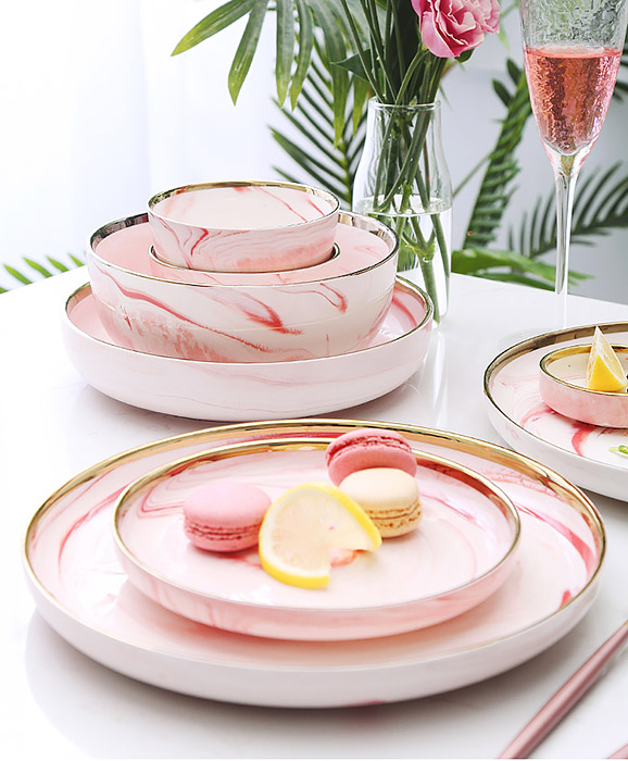 Bộ tô chén dĩa sứ porcelain Yiran YR001 vân ngọc viền vàng.
