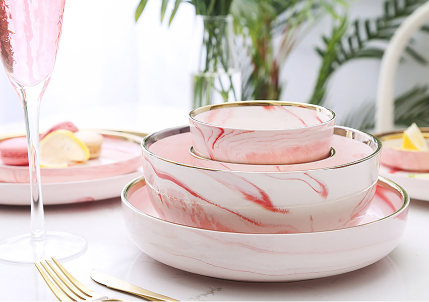 Bộ tô chén dĩa sứ porcelain Yiran YR001 vân ngọc viền vàng.