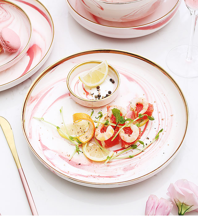 Bộ tô chén dĩa sứ porcelain Yiran YR001 vân ngọc viền vàng.