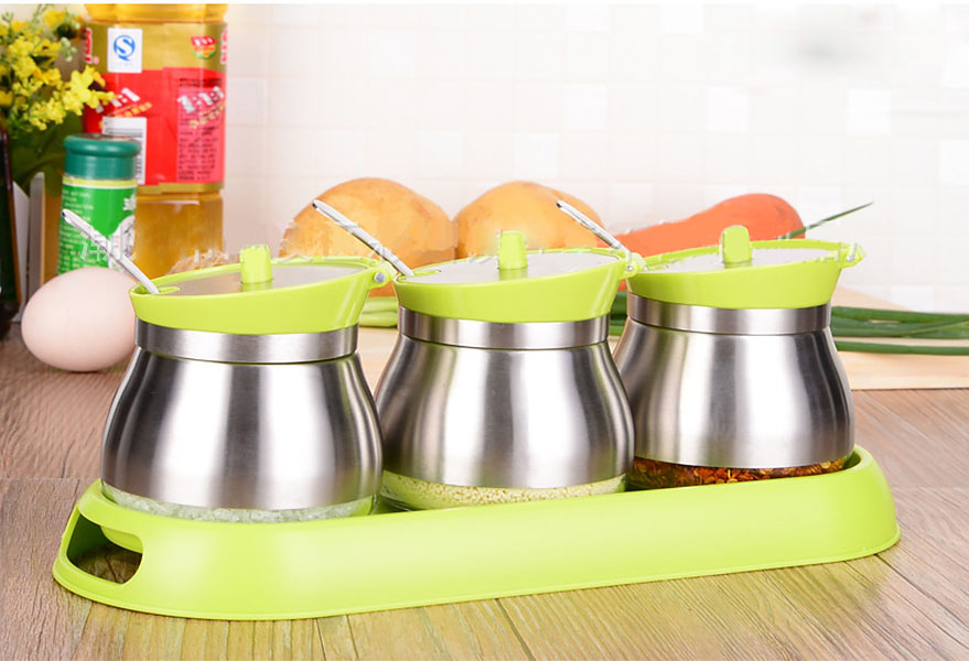 Bộ 3 hũ đựng gia vị inox 304, thủy tinh, nhựa PP HFTLG01.