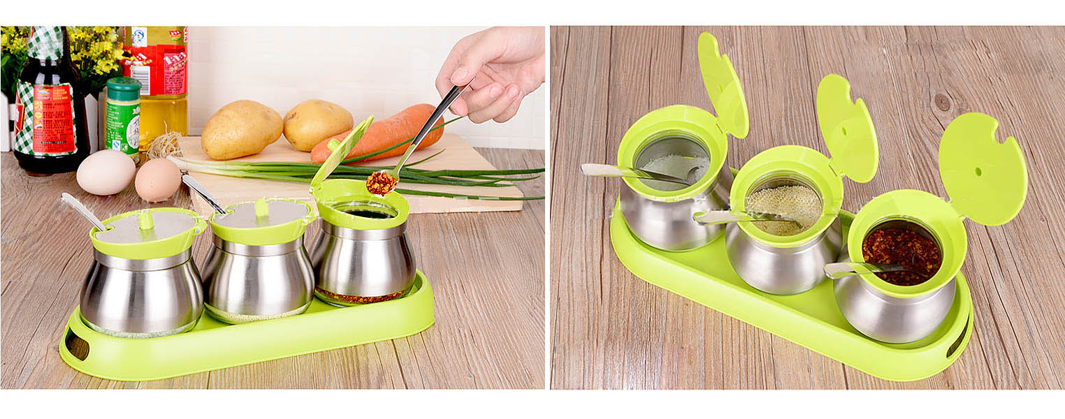Bộ 3 hũ đựng gia vị inox 304, thủy tinh, nhựa PP HFTLG01.