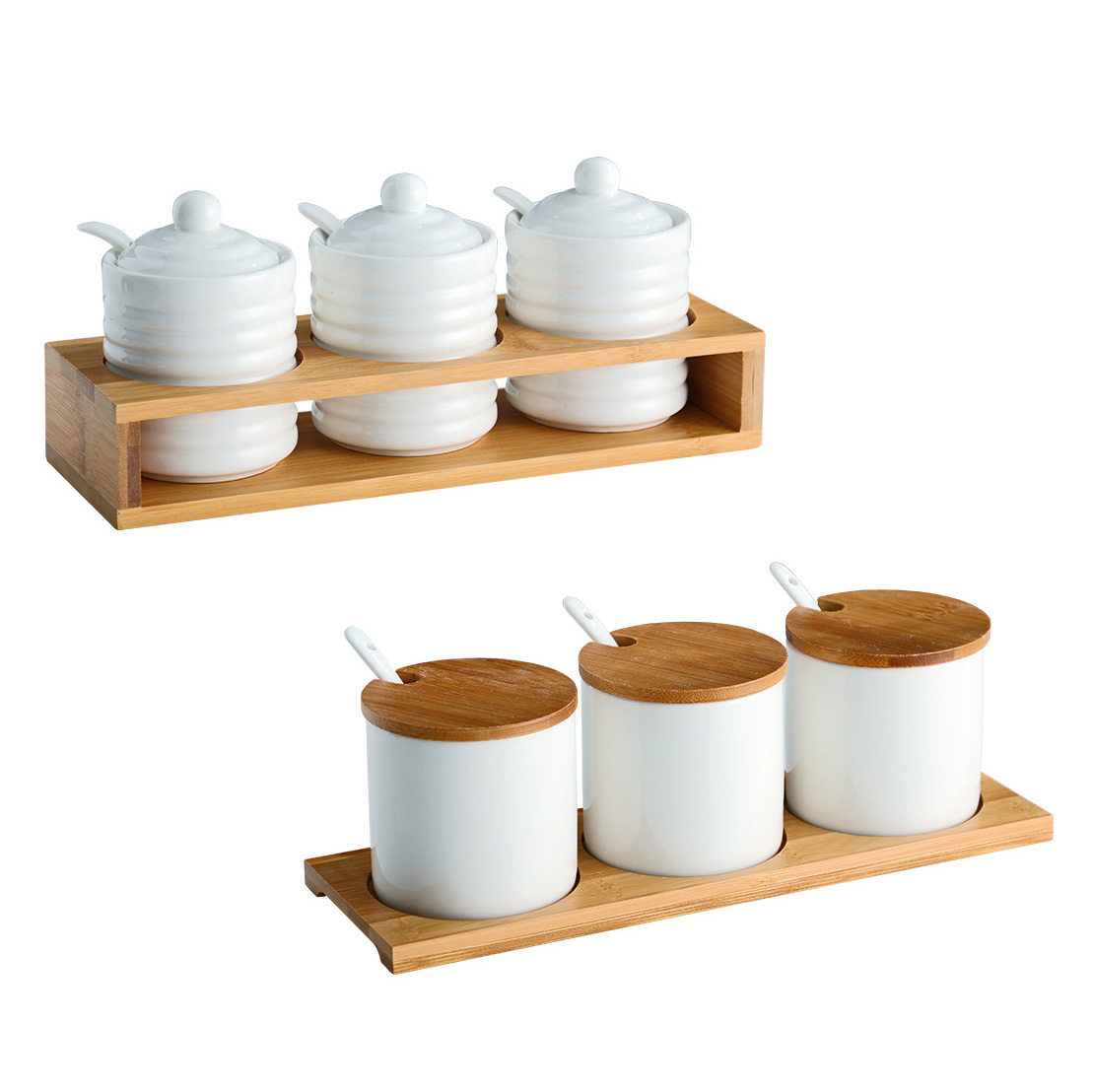 Bộ đựng gia vị 3 ngăn sứ trắng giá đỡ gỗ DGV01