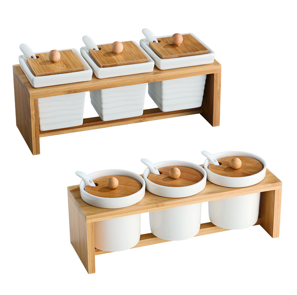 Bộ đựng gia vị 3 ngăn gốm sứ giá đỡ gỗ DGV02