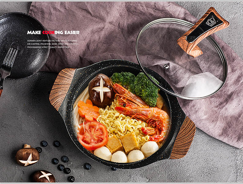 Nồi lẩu chống dính quai cầm gỗ nắp kiếng K&I KIT1924.