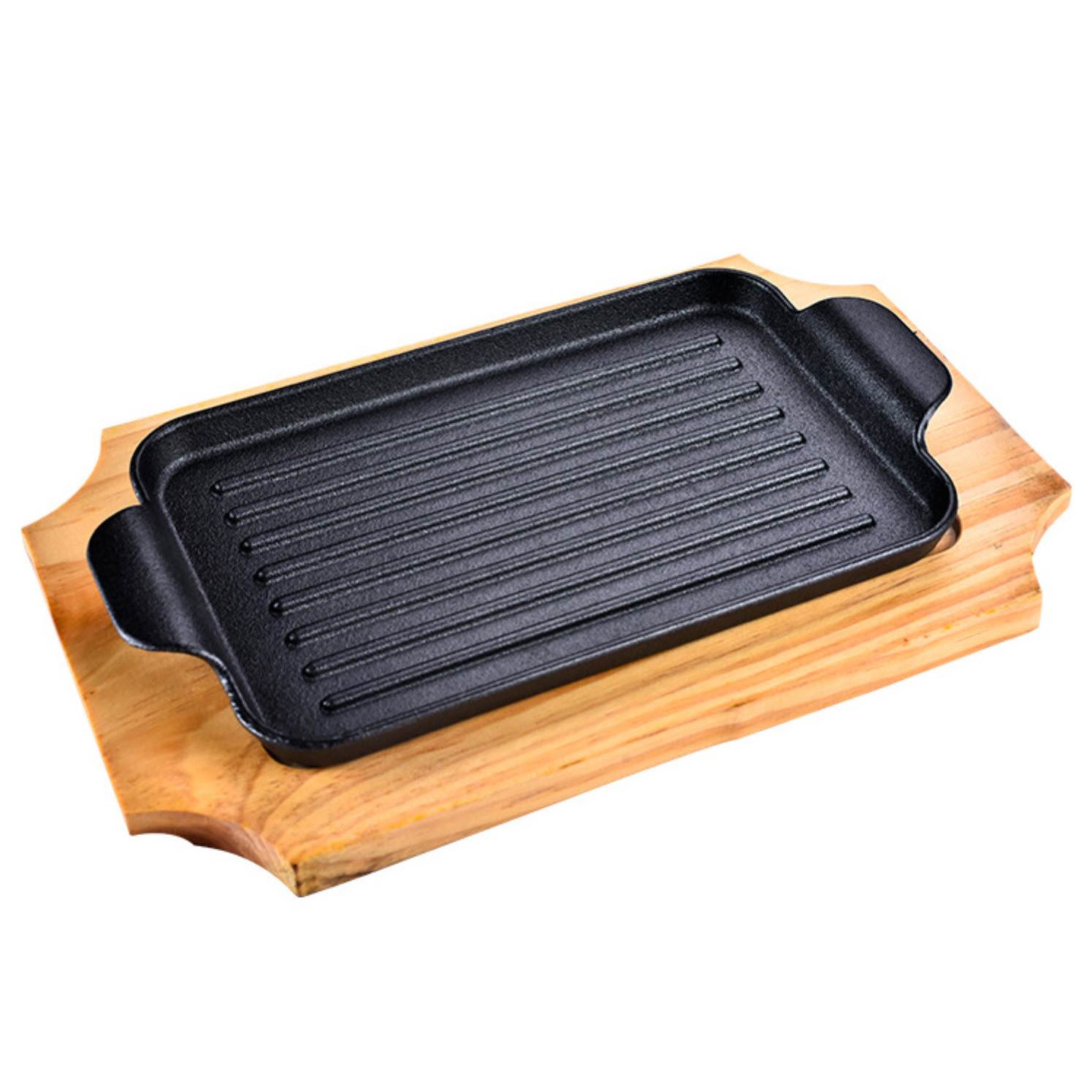 Chảo gang nướng beefsteak đáy vân nổi OG888 kèm đế gỗ trưng bày thức ăn để bàn