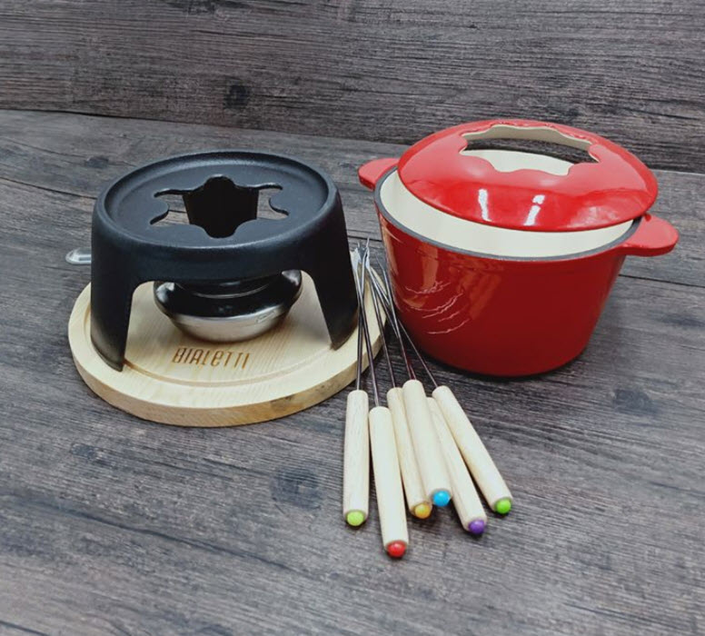 Nồi lẩu phô mai nước sốt bằng gang tráng men kèm bếp cồn OEM TE002