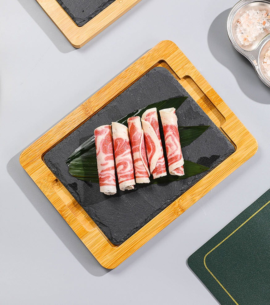 Khay gỗ lót đá đựng đồ ăn, đựng bò nướng bbq, tôm nướng, xúc xích KYS003