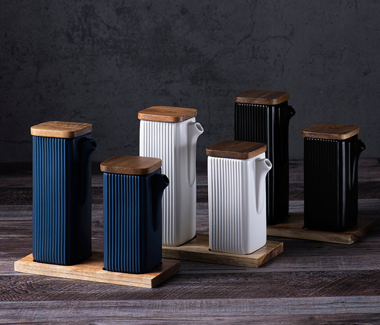 [ Giá khuyến mãi ] Hũ đựng gia vị 3 ngăn nắp gỗ sứ porcelain Yunxika YXK01