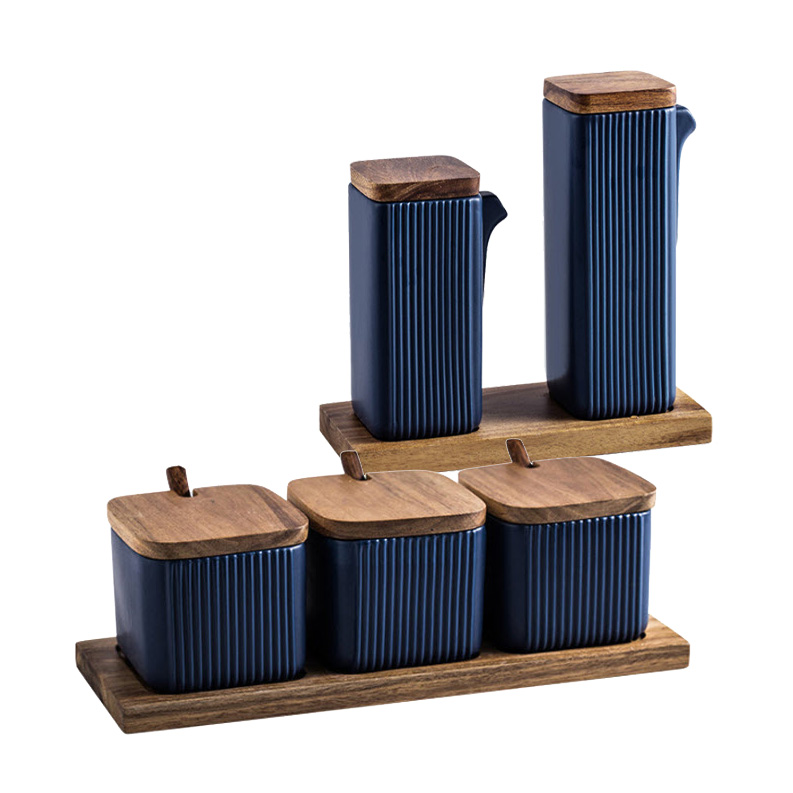 [ Giá khuyến mãi ] Hũ đựng gia vị 3 ngăn nắp gỗ sứ porcelain Yunxika YXK01