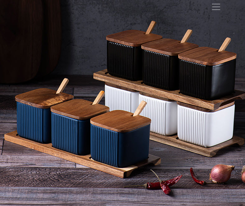 [ Giá khuyến mãi ] Hũ đựng gia vị 3 ngăn nắp gỗ sứ porcelain Yunxika YXK01