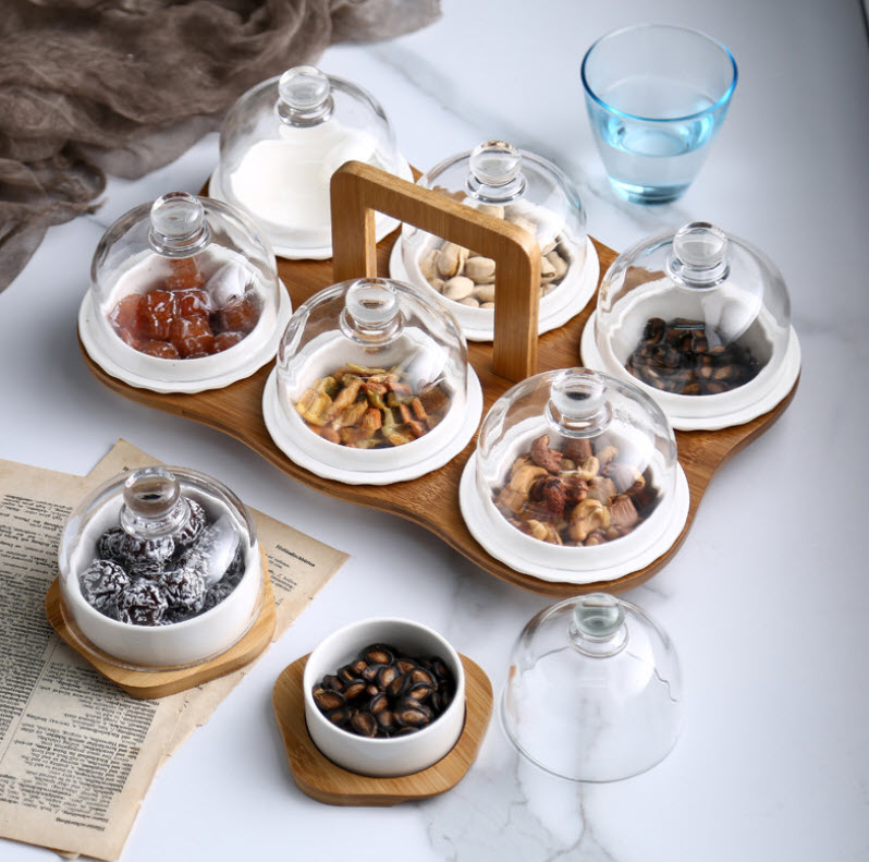 Khay đựng bánh kẹo 6 ngăn topping uống trà sứ trắng JD74561