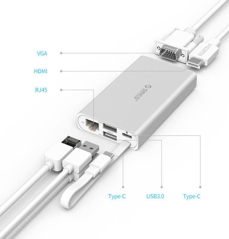 Dock station Type-C Orico ADS2R chia cổng USB3.0 VGA HDMI Ethernet USB-C
