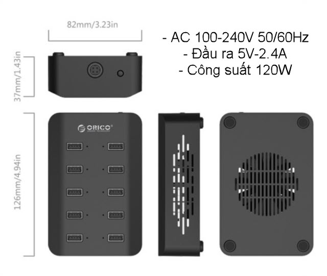 Dock sạc 10 cổng 2.4A 120w đa năng Orico DUB10PV1