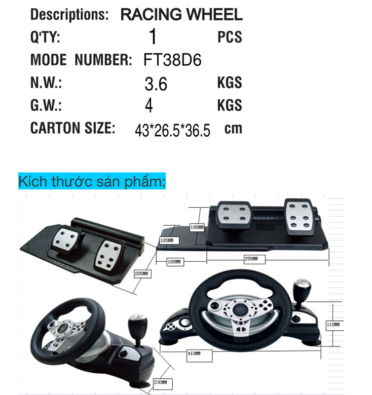 Vô lăng chơi game Gamemon FT38D6 quay 270 độ có rung