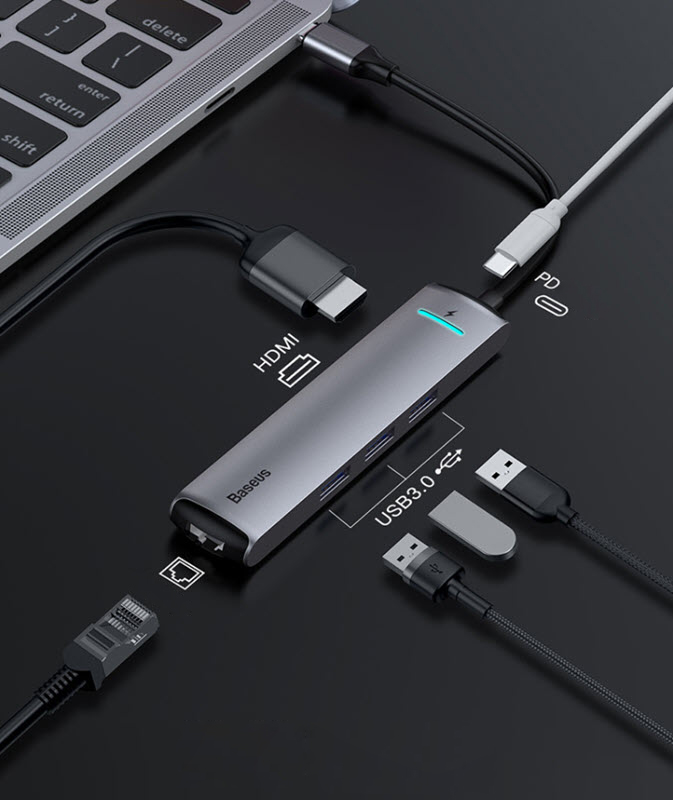 Docking Station Baseus CAHUB-J0G Type-C to HDMI/USB3.0/ RJ45 Ethernet/PD