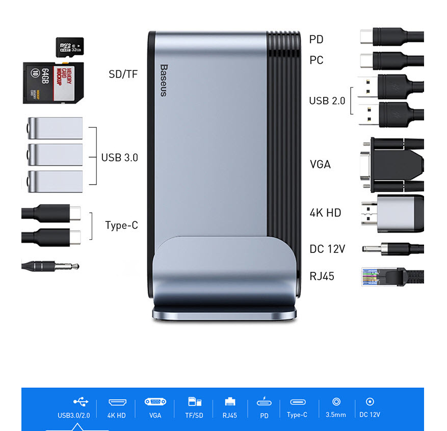 Docking Station bộ chia Hub 16 in 1 sạc laptop Baseus CAHUB-BG0G