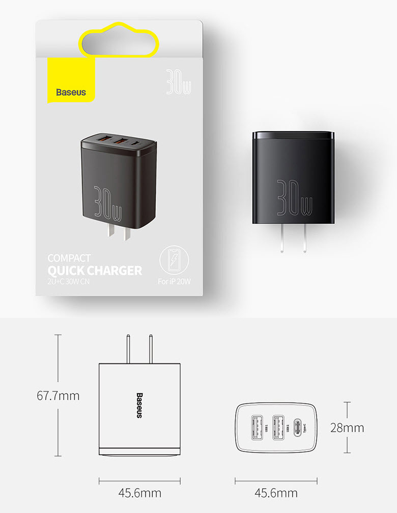 Củ sạc nhanh 3 cổng điện thoại tablet 30W Baseus CCCP30UC
