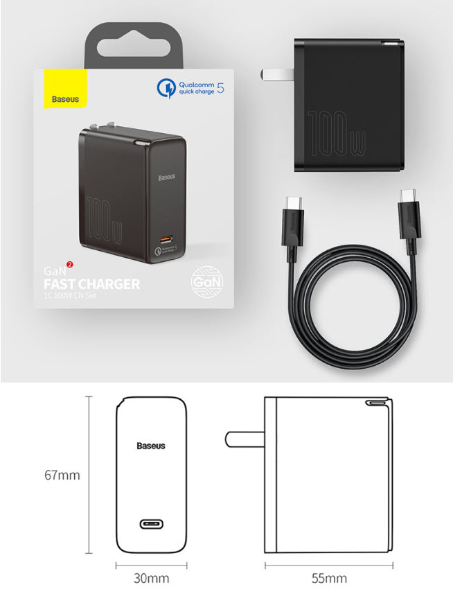 Adapter củ sạc nhanh laptop điện thoại 100W Baseus BSS043