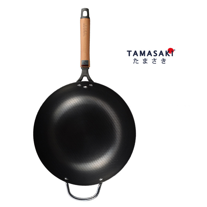 Chảo thép Nhật chống dính vật lý quai gỗ 32cm TAMASAKI TGLW32