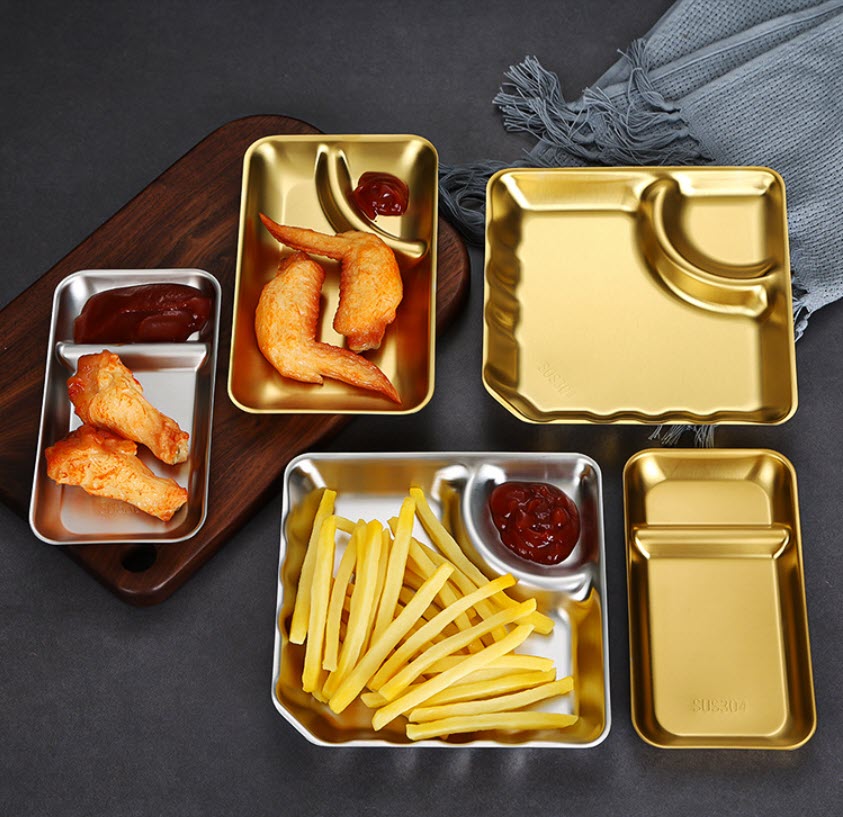 Đĩa đựng gà - khoai tây chiên - phi lê cá - thức ăn nhanh có ngăn sốt inox 304 A8888