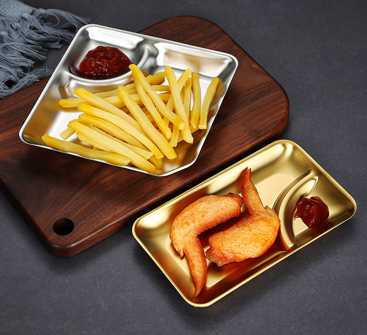 Đĩa đựng gà - khoai tây chiên - phi lê cá - thức ăn nhanh có ngăn sốt inox 304 A8888