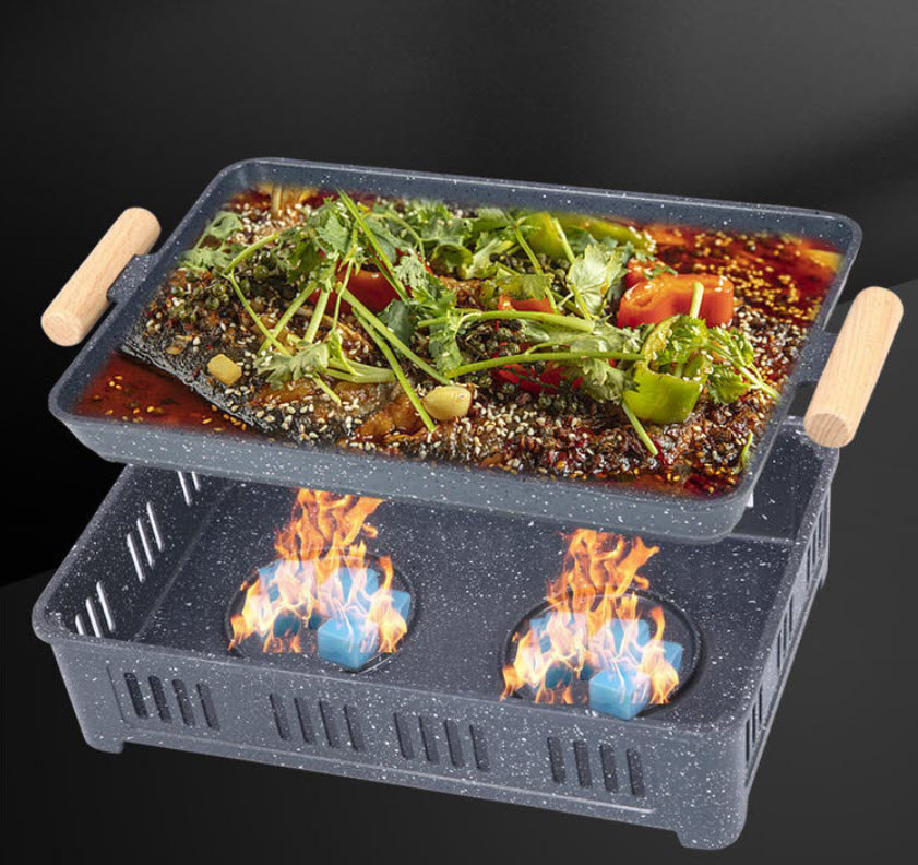 Khay nướng thịt kèm bếp cồn hâm nóng cá, hải sản, các món ăn buffet SS861