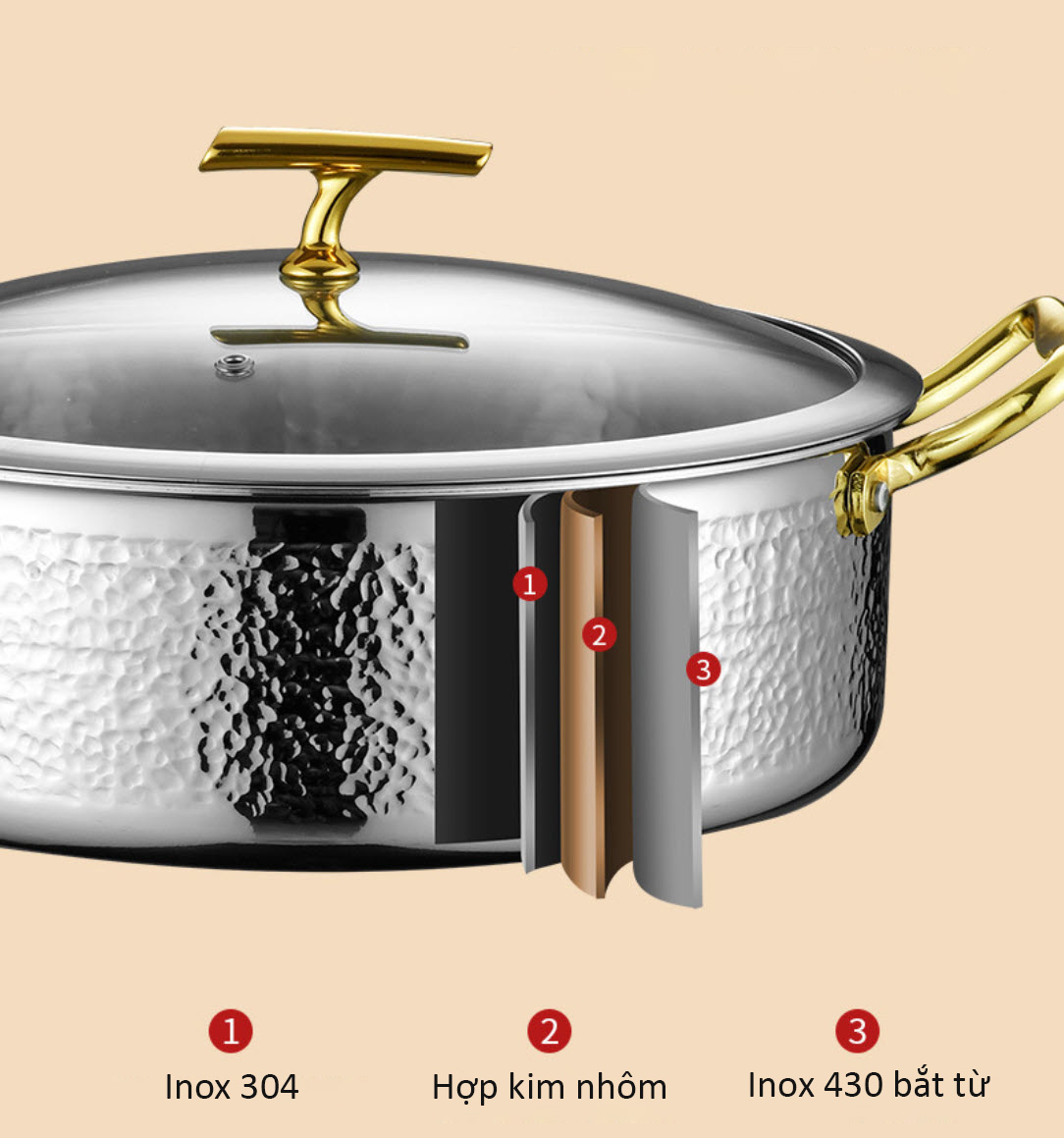 Nồi lẩu inox 304 cao cấp 3 lớp dùng từ size 26-32cm OEM W0905