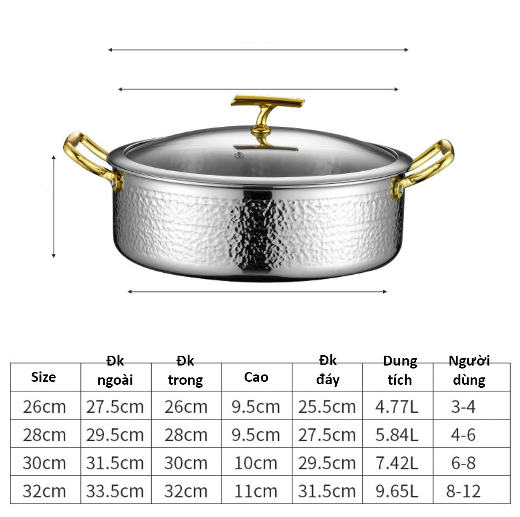 Nồi lẩu inox 304 cao cấp 3 lớp dùng từ size 26-32cm OEM W0905