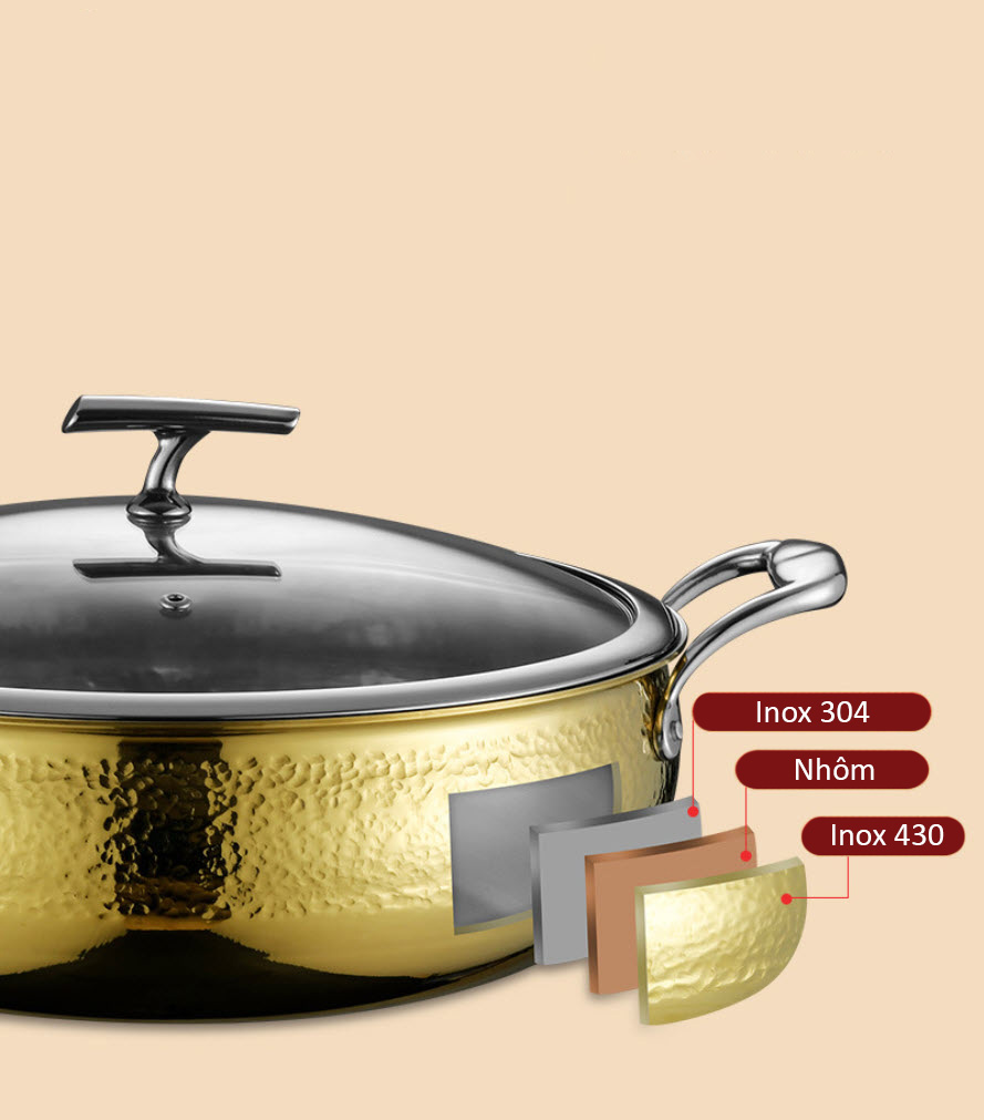 Nồi lẩu inox 304 mạ vàng 3 lớp cao cấp OEM G0222