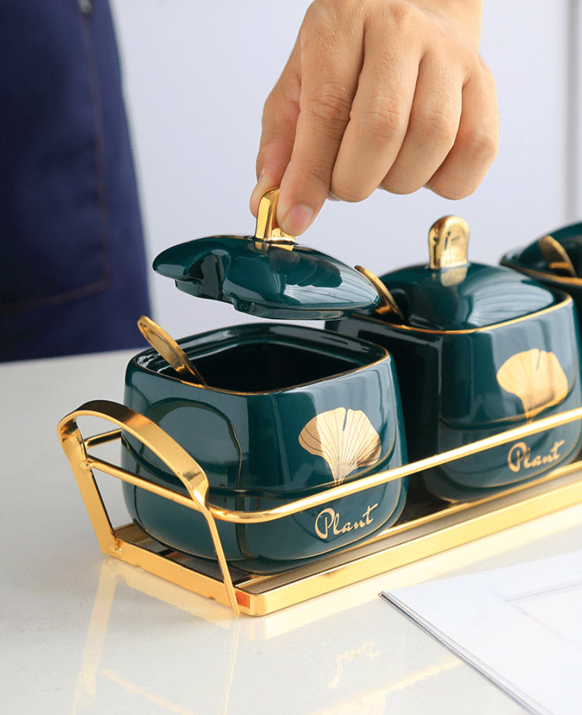 Bộ đựng gia vị 3 ngăn phủ men khay thép mạ vàng OEM GY005
