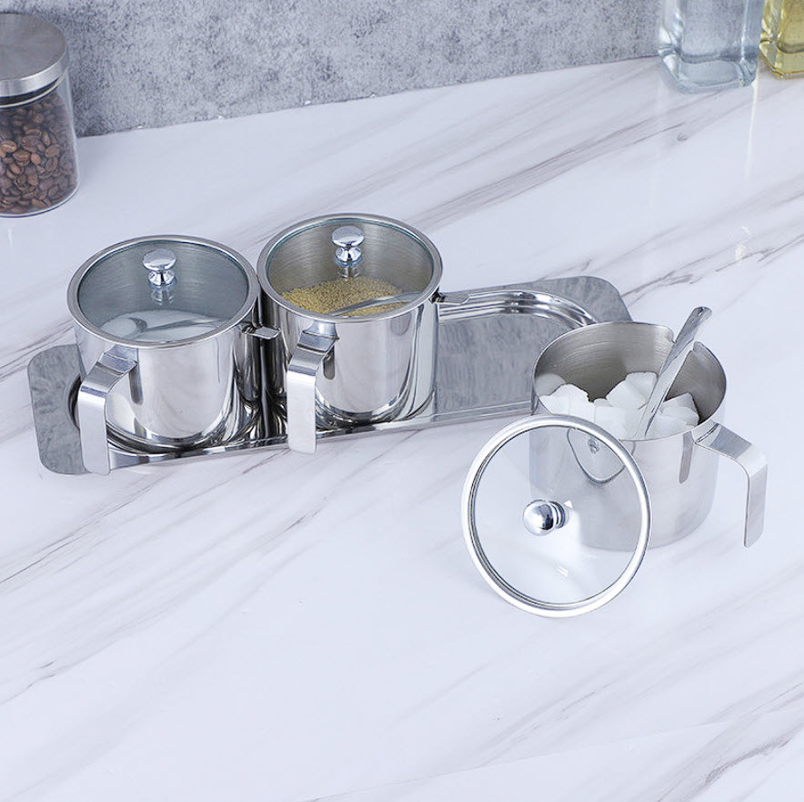 Bộ đựng gia vị 3 ngăn inox 304 có tay cầm OEM KAI01