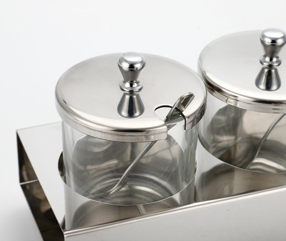 Bộ đựng gia vị 4 ngăn khay inox hũ đựng thủy tinh OEM JXD01