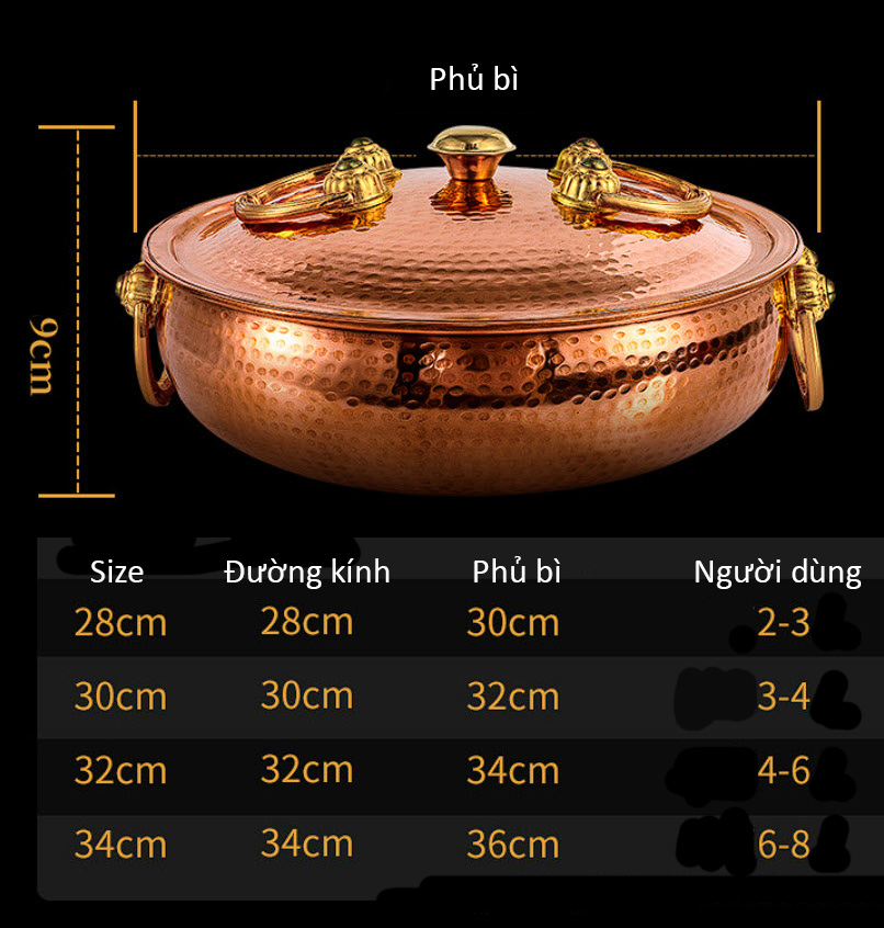Nồi lẩu cổ điển đồng nguyên chất size 30-36cm OEM LWC05